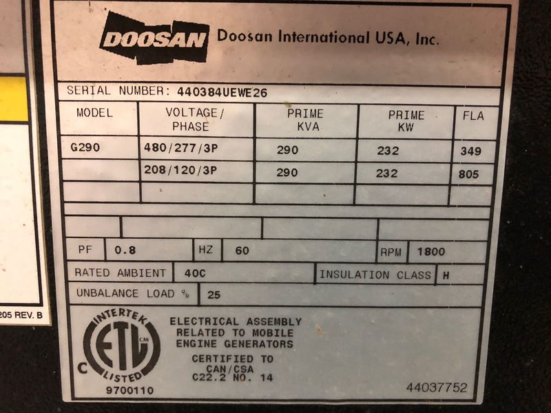 Used Doosan / Cummins G290 Rental Grade Diesel Generator, 89 Hrs EPA Tier 3