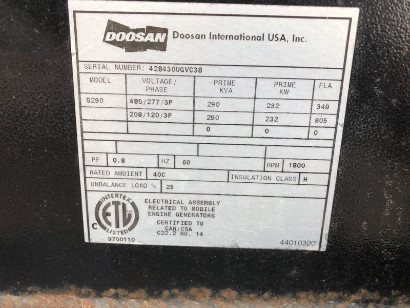 Used Doosan / Cummins G290 Rental Grade Diesel Generator, 3397 Hrs EPA Tier 3
