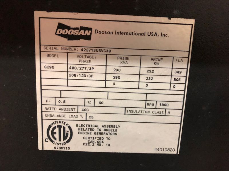 Used Doosan / Cummins G290 Rental Grade Diesel Generator, 4736 Hrs EPA Tier 3