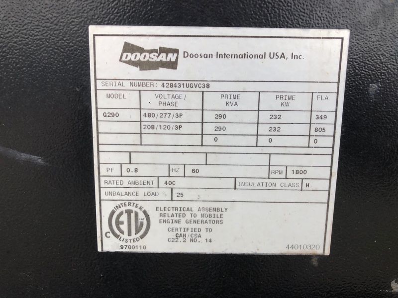 Used Doosan / Cummins G290 Rental Grade Diesel Generator, 5340 Hrs EPA Tier 3