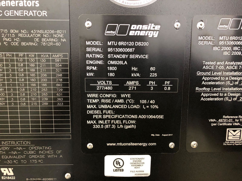 New MTU DS200 Diesel Generator, 1.8 test Hrs, EPA Tier 3
