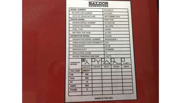 Used Baldor IDLC500-D Diesel Generator, 521 hrs