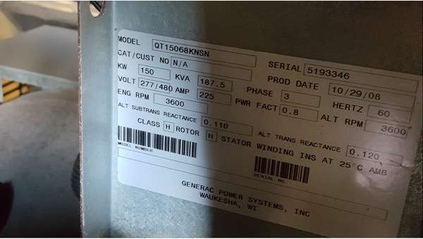 Used Generac QT150 Natural Gas Generator, 66 hrs