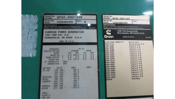 Used Cummins DFAC Diesel Generator, 549 Hrs