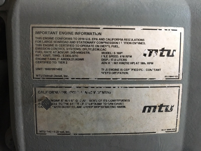 Used MTU DS500 Diesel Generator, 5596 Hrs