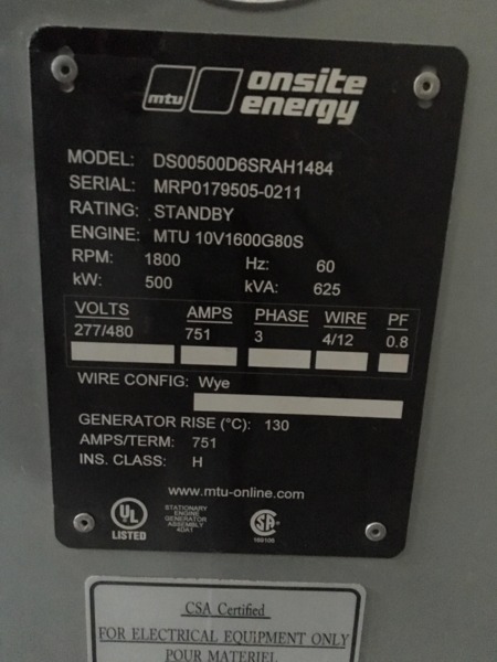 Used MTU DS500 Diesel Generator, 5596 Hrs