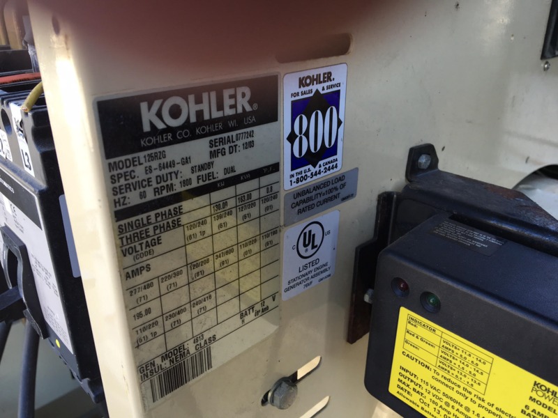 Used Kohler 125RZG Natural Gas Generator, 820 Hrs