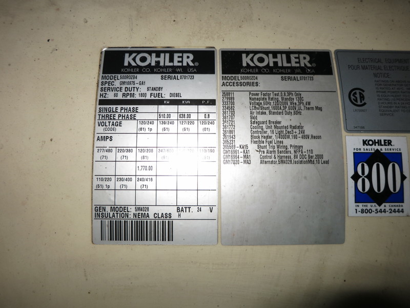 Used Kohler 500ROZD4 Diesel Generator, 635 Hrs