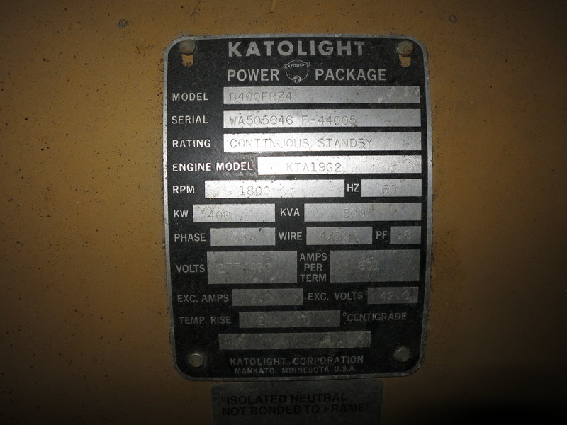 Used Katolight D400FRZ4 Diesel Generator, 392 Hrs