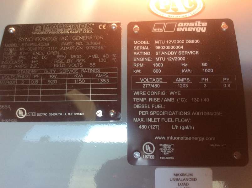 New MTU DS800, 12V2000G85TB Diesel Generator, 0 Hrs, EPA Tier 2