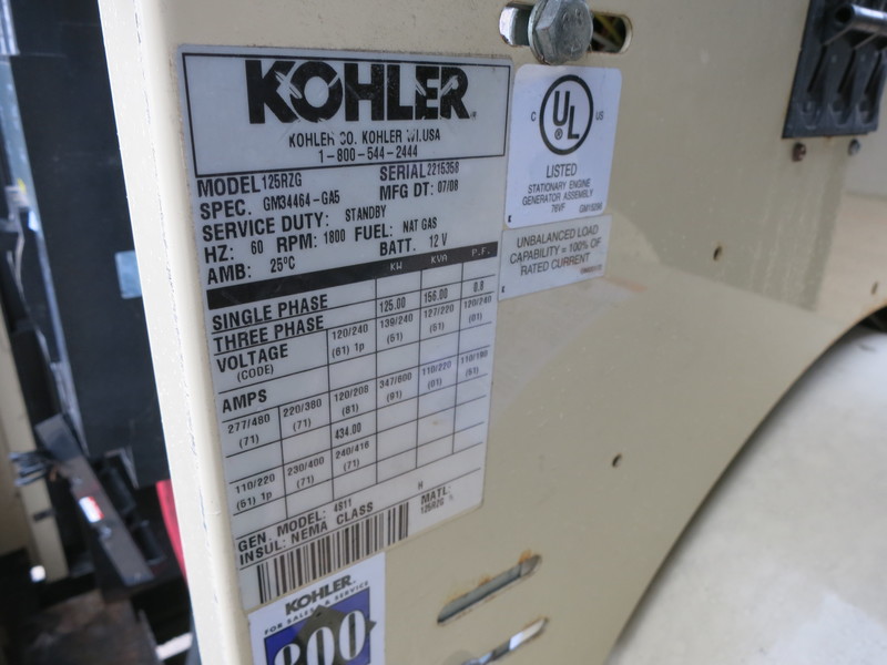 Used Kohler 125RZG Natural Gas Generator, 86 Hrs
