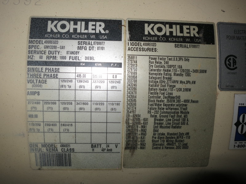 Used Kohler 400REOZD Diesel Generator, 881 Hrs