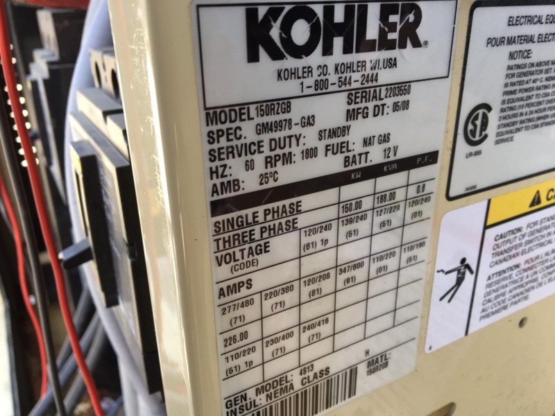 Used Kohler 150RZGB Natural Gas Generator, 218 Hrs