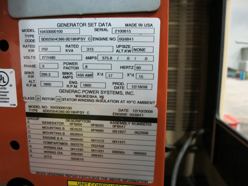 Used Generac John Deere 6090HF484 Diesel Generator, 212 Hrs