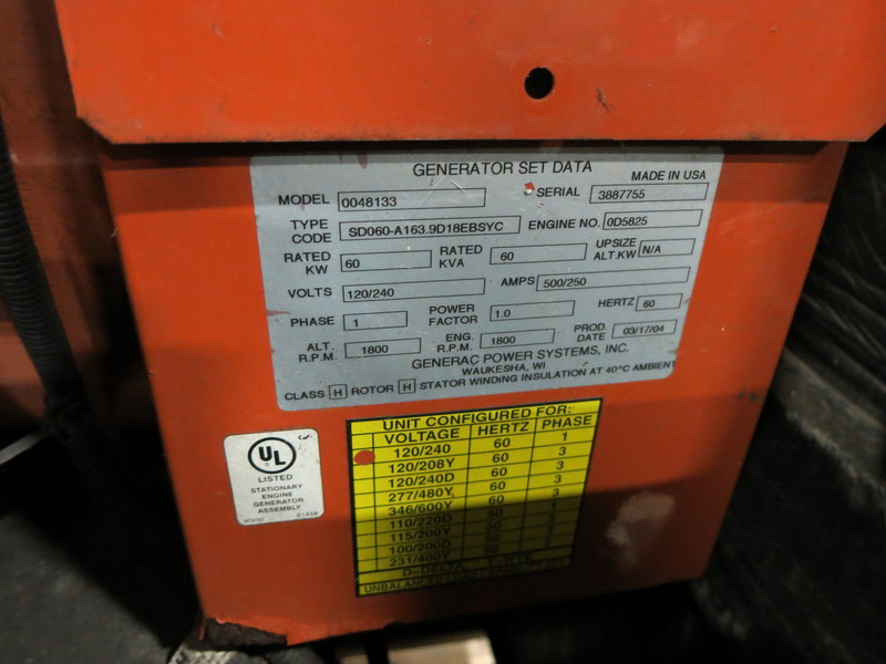 Used Generac SD060 Portable Diesel Generator, 508 Hrs