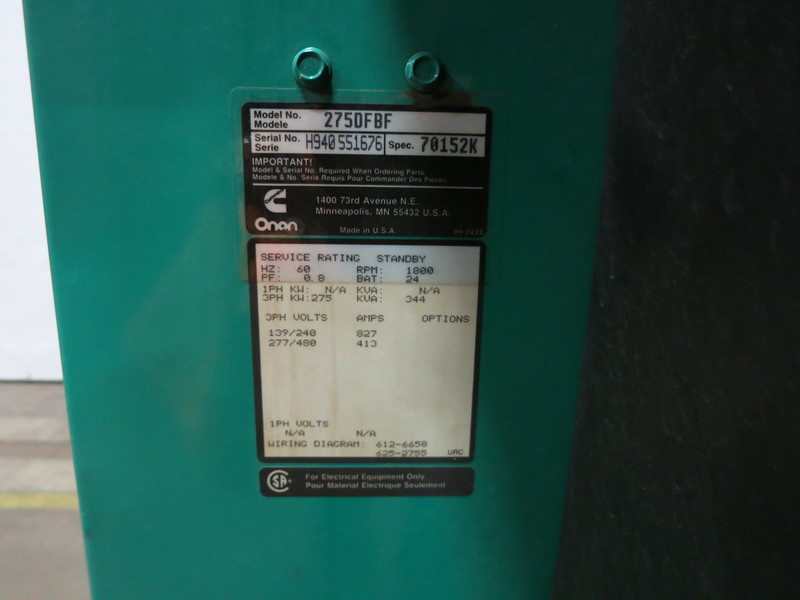 Used Cummins 275DFBF Diesel Generator, 422 Hrs