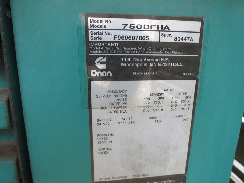 Used Cummins 750DFHA Diesel Generator, 410 Hrs