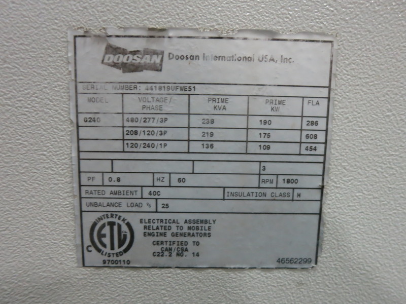 Used Doosan / Cummins G240 Rental Grade Diesel Generator, 2488 Hrs