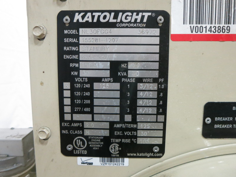 Used Katolight NL30FGG4 Natural Gas Generator, 0 Hrs