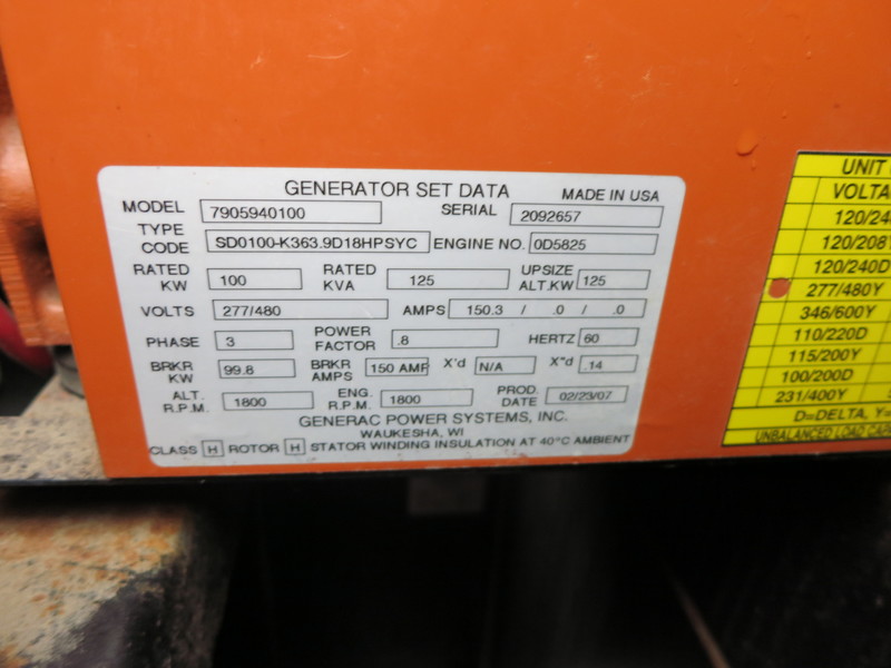 Used Generac SD0100 Diesel Generator, 139 Hrs