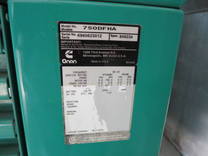Used Cummins 750DFHA Diesel Generator, 678 Hrs