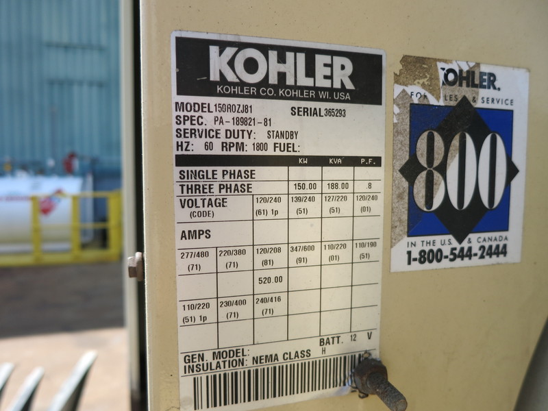 Used Kohler 150ROZJ81 Diesel Generator, 540 Hrs
