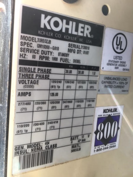 Used Kohler 30REOZJB Diesel Generator, 275 Hrs QTY 6 available