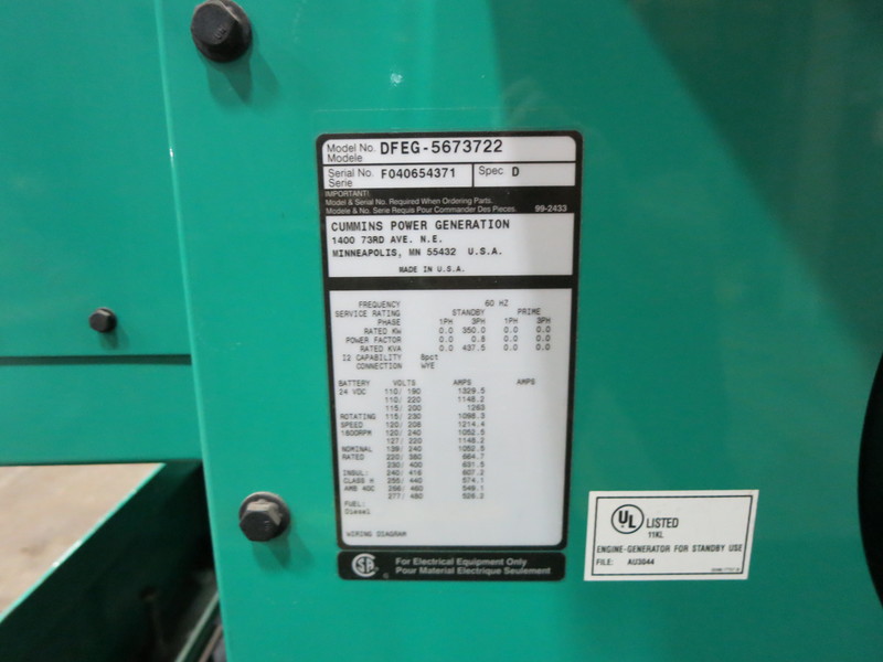 Used Cummins DFEG Diesel Generator, 307 Hrs, EPA Tier 2