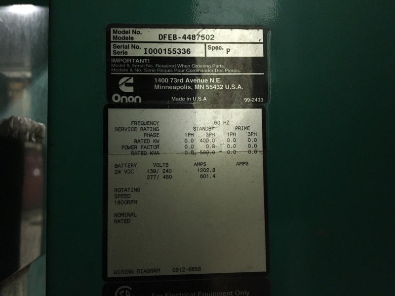 Used Cummins DFEB Diesel Generator, 609 Hrs