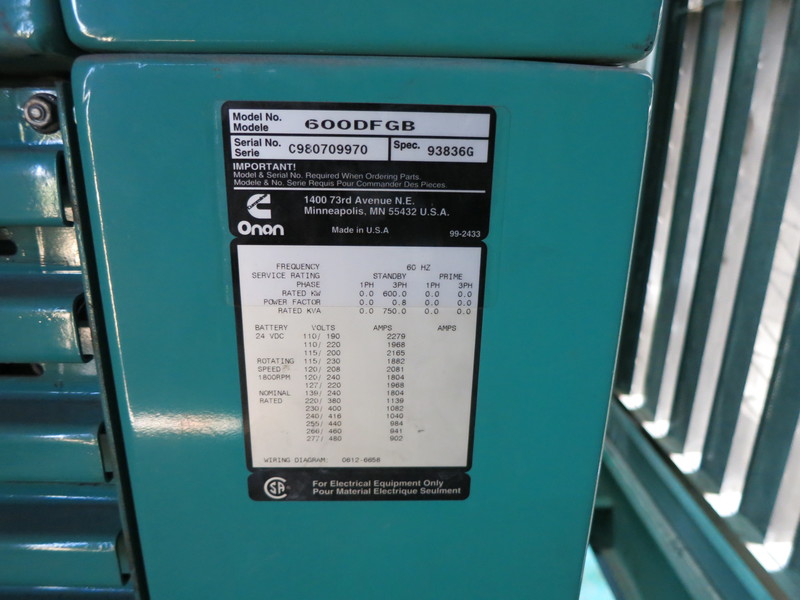 Used Cummins 600DFGB Diesel Generator, 325 Hrs
