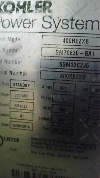 Used Kohler 400REZXB Natural Gas Generator, 38 Hrs