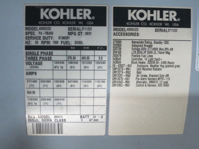Used Kohler 400REOZD  Diesel Generator, 494 Hrs