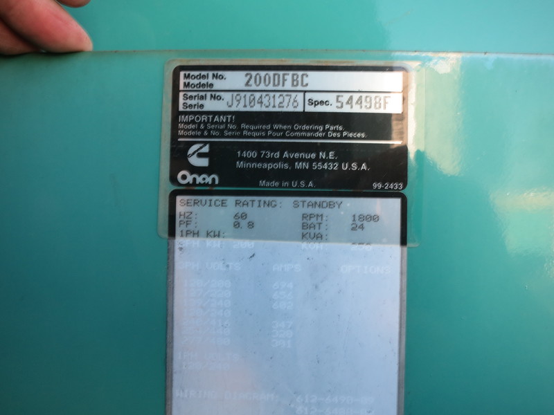 Used Cummins 200DFBC Diesel Generator, 566 Hrs