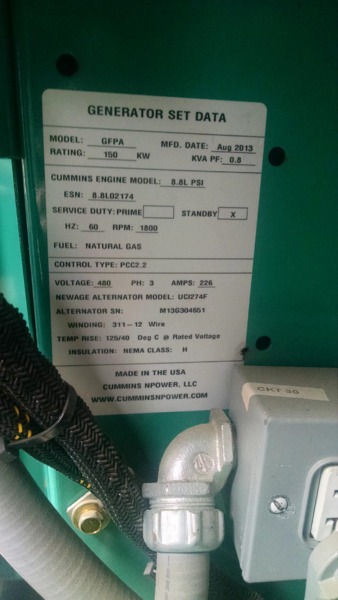 Used Cummins 150GFPA Natural Gas Generator, 230 Hrs