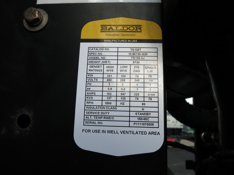 Used Baldor TS130T Rental Grade Diesel Generator, 1128 Hrs, EPA Tier 3