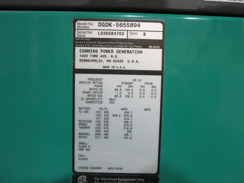 Used Cummins DGDK Diesel Generator, 291 Hrs