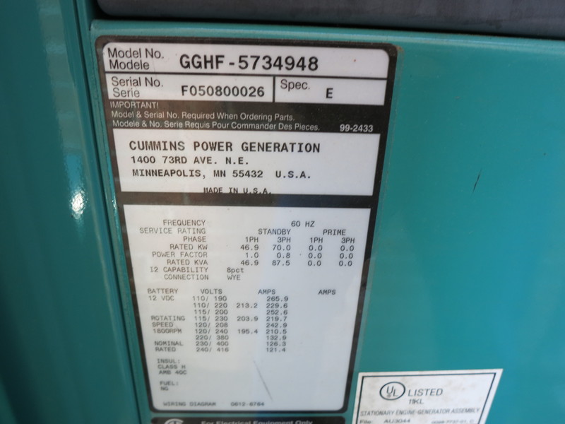 Used Cummins GGHF Natural Gas Generator, 129 Hrs