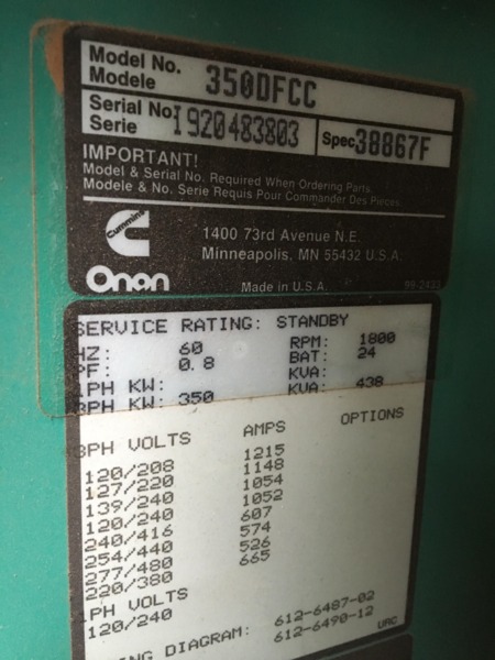Used Cummins 350DFCC Diesel Generator, 1415 Hrs
