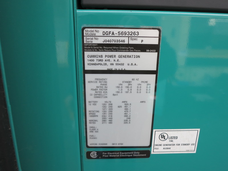 Used Cummins DGFA Diesel Generator, Rated 150 kW 1 & 3 phase, 18 hrs