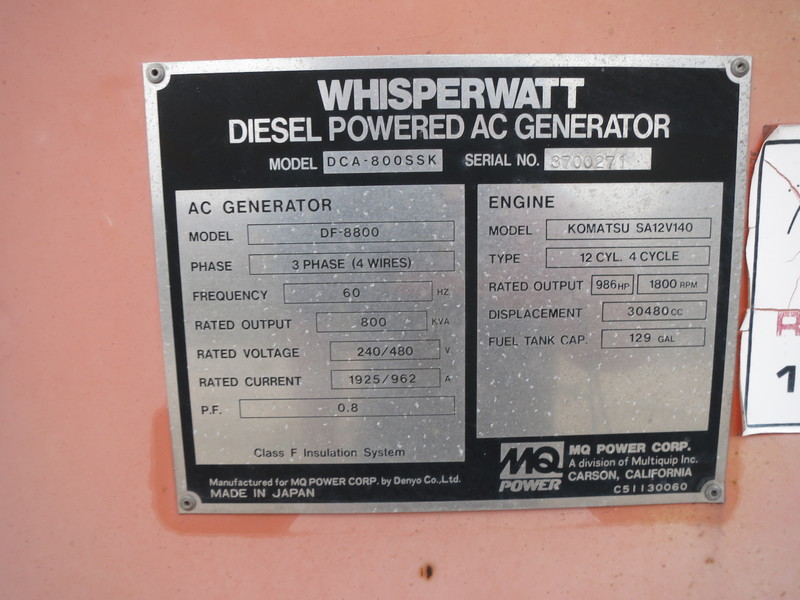 Used Multiquip DCA-800SSK Diesel Generator, 11080 Hrs