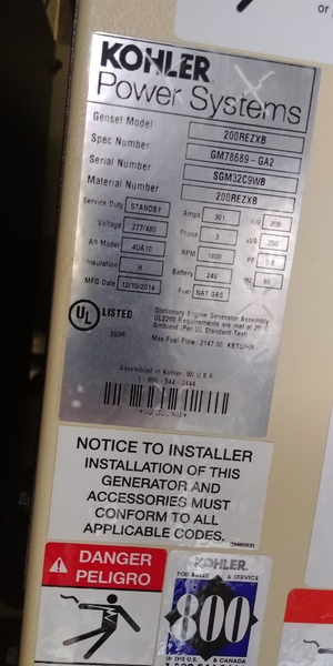 Used Kohler 200REXZB Natural Gas Generator, Low Hrs