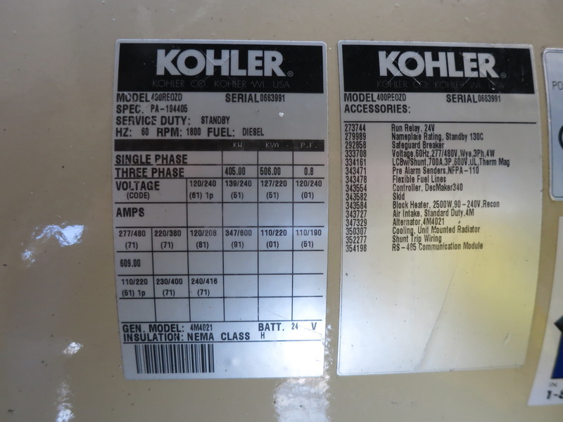 Used Kohler 400REOZD Diesel Generator, 494 Hrs