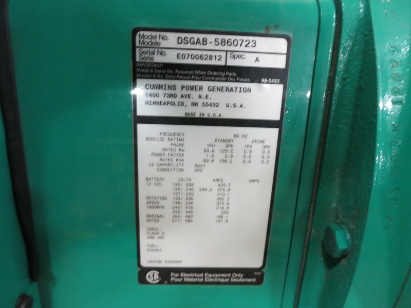 Used Cummins DSGAB Diesel Generator, 533 Hrs, EPA Tier 3,