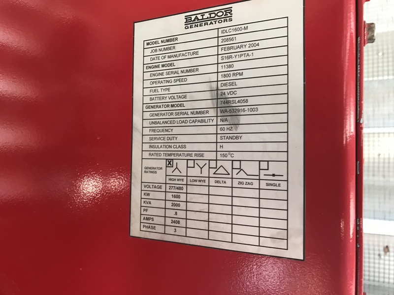 Used Baldor IDLC1600-M Diesel Generator, Low Hrs