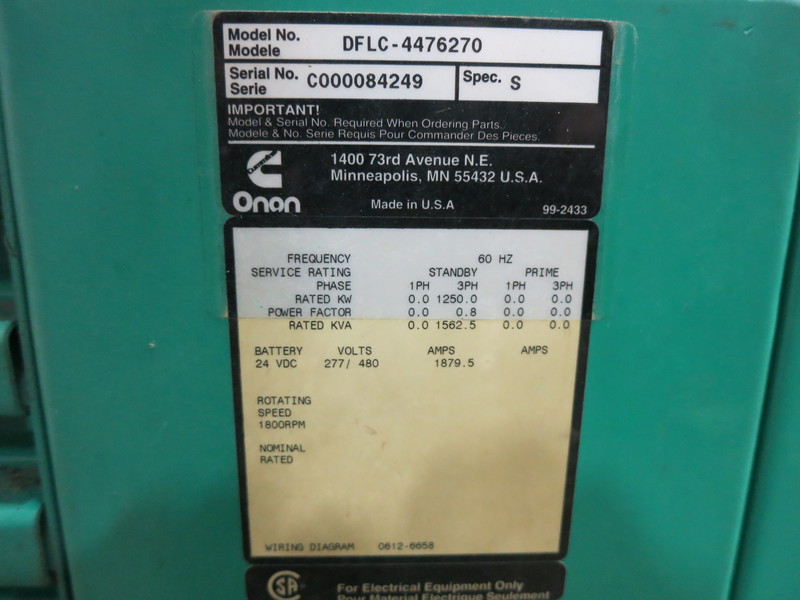 Used Cummins DFLC KTA50-G3 Diesel Generator, 367 Hrs