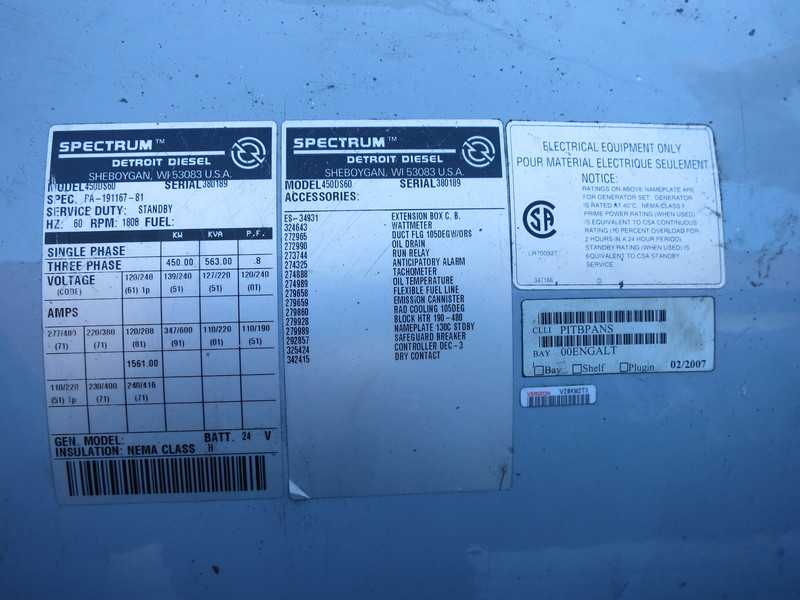 Used Detroit Diesel Spectrum 450DS60 Diesel Generator, 1017 Hrs