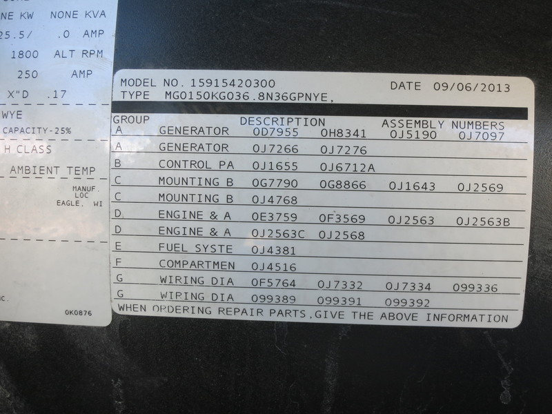 Used Generac MG0150 Natural Gas Generator, 12 Hrs