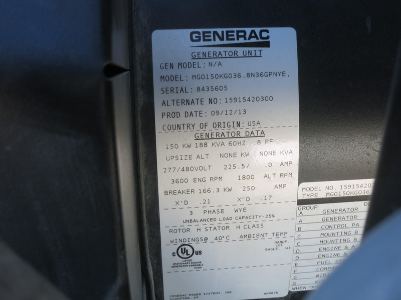 Used Generac MG0150 Natural Gas Generator, 12 Hrs