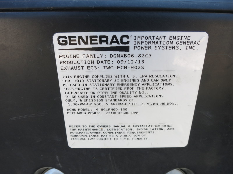 Used Generac MG0150 Natural Gas Generator, 12 Hrs