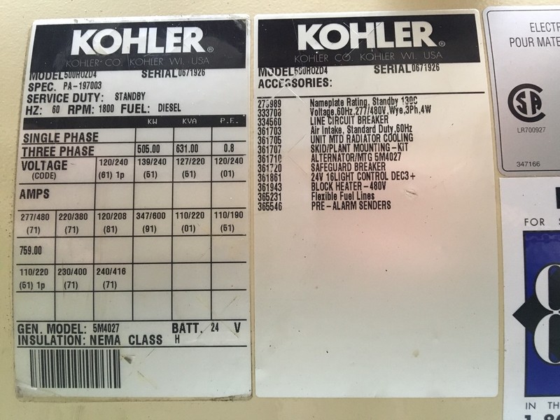 Used Kohler 500ROZD4 Diesel Generator, 392 Hrs